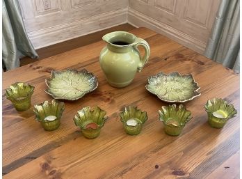 Lovely Collection Of Green Colored Serving Pieces & Candle Votives
