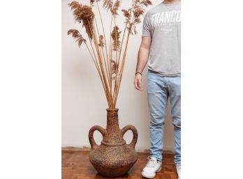 Large Dual Shoulder Clay Vase With Faux Arrangement