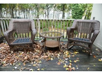 All-Weather Wicker Outdoor Rocking Chairs And Side Table