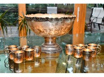 Large Silver Plated Punch Bowl With Cups
