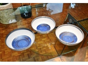 Trio Of Glazed And Painted Clay Bowls Signed
