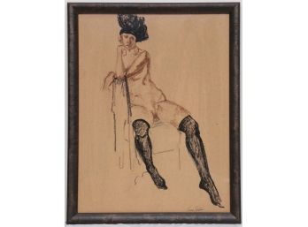 Nude Woman Sitting Framed Drawing Artist Signed