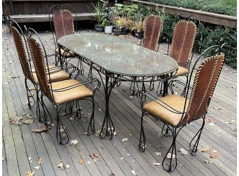 Unique Wrought Iron Italian Leather Glass Top Table With 6 Chairs