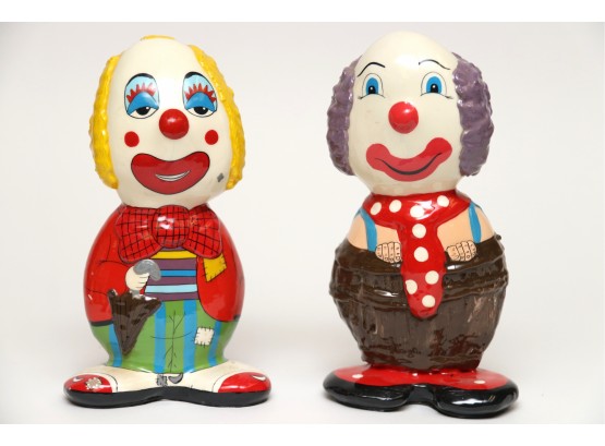 Pair Of Hand Painted Art Glass Clown Figurines