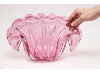 Large Ruffled Pink Art Glass Vessel