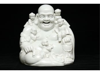 Traditional Laughing Buddha With Children Porcelain Statue
