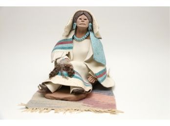 Hand Painted Clay Native American Woman Statue Artist Signed