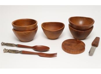 Teak Bowls Including Sterling Handle Utensils And Cheese Knife