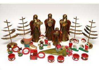 Christmas Decor Assortment Including Brass Angels And Napkin Rings