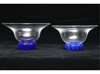 Pair Of Glass Footed Bowls With Cobalt Blue Bases