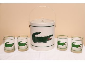 Set Of Four Cora 1980s Alligator Glasses With Ice Bucket