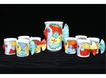 Set Of 8 Vietri Hand Painted Fish Mugs And Pitcher Made In Italy