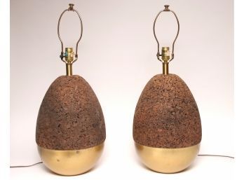Pair Of Mid Century Cork & Brass Table Lamps