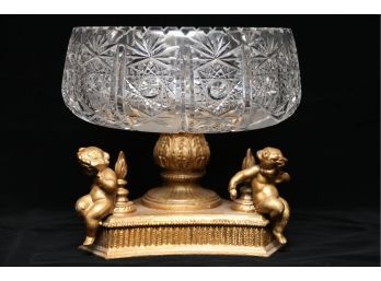 Cut Crystal Bowl With Gold Painted Cherub Metal Base