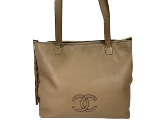 Chanel Tan Zipper Tote Bag With Tassel