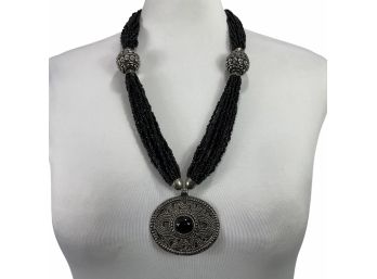 Triple Strand Black Bead Necklace With Silver-tone Pendant