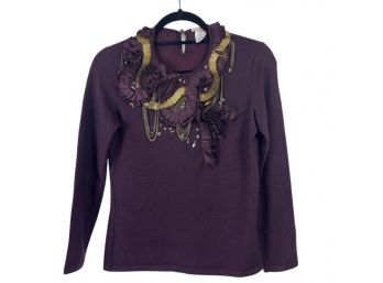 Oscar De La Renta Plum Embellished Cashmere Blend Sweater Size S