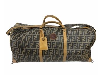 Vintage Fendi Zucca Leather Trimmed Duffle Travel Bag