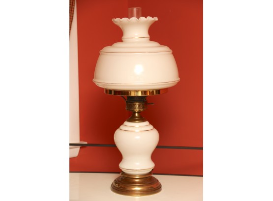 Hurricane Lamp With Brass Base And Milk Glass