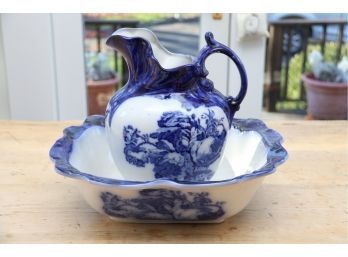 Staffordshire Ironstone Flow Blue Pitcher And Basin