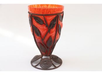 Art Deco Metal Mounted Red And Orange Glass Vase In Style Of Louis Majorelle