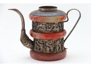 Chinese Tibetan Silver Jade Inlaid Teapot (Missing Lid)