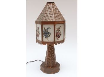Copper Table Lamp With Hand Painted Glass Panels