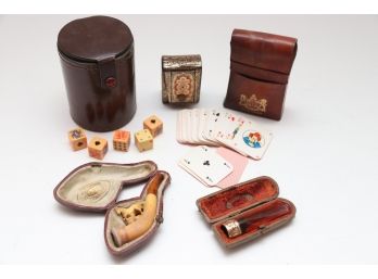Vintage Collectible Lot Including Pipes, Dice & Cards