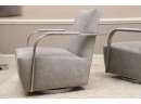 Modern Thayer Coggin Brushed Steel Swivel Lounge Chairs Brand New