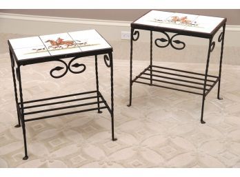 French Wrought Iron & Tile Top Fox Hunt Side Tables