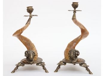 Pair Of Ram Horn Candle Holders