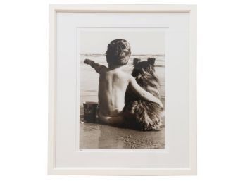 Boy And Dog At Beach Framed Sepia Tone Photograph