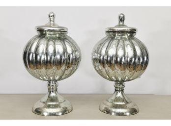 Pair Of Mercury Glass Pedestal Covered Urns