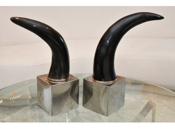 Contemporary Mounted Horns On Silver Chrome Bases By Maitland Smith