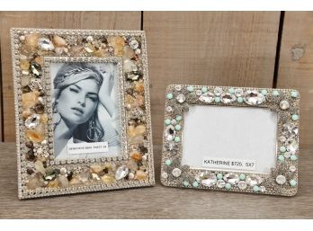Two Stone Embellished Picture Frames Swarovski Crystal, Turquoise And Shell Decor