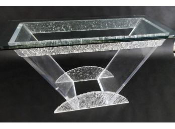 Lucite Console Table With Beveled Glass Top And Textured Lucite Accents