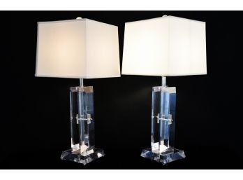 Mid-century Stacked Lucite Lamps With Custom Square Shades