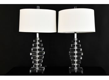 Mid Century Modern Stacked Lucite Lamps With Custom Shade