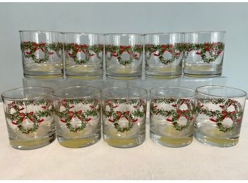 Libbey Glass Gold Trim Christmas Wreath Tumblers Set Of 10 NEW