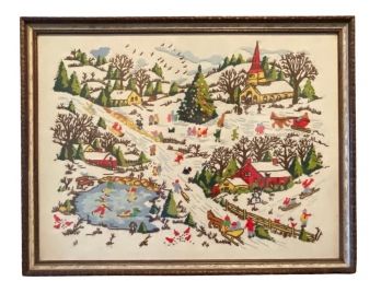 Vintage Crewel Embroidered Paragon Winter Paradise 1976 Framed