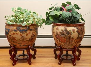 Pair Of Hand Painted Oriental Planters With Stands