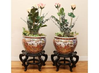 Pair Of Chinese Fishbowl Planters With Faux Plants