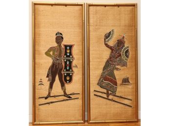 Pair Of Indian Art With Bamboo Frame