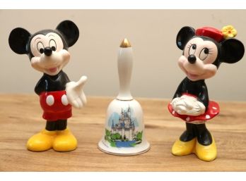 Collection Of Mickey & Minnie Figurines And Disney Castle Bell
