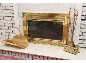 Brass Log Holder, Screen & Fireplace Tool Set
