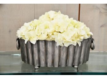 Faux Hydrangea Display In Ribbed Silver Oval Planter