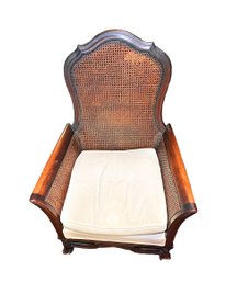 British Colonial Cane And Carved Wood Wing Chair