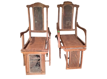 Pair Of Antique Folding Luxury Wood Cane Steamer Deck Chairs