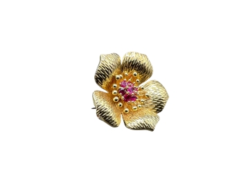 Tiffany & Co. 18K Yellow Gold Dogwood Floral Pin With Rubies