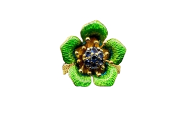 Tiffany & Co 18K Yellow Gold Enamel Blue & Green Floral Pin/Brooch